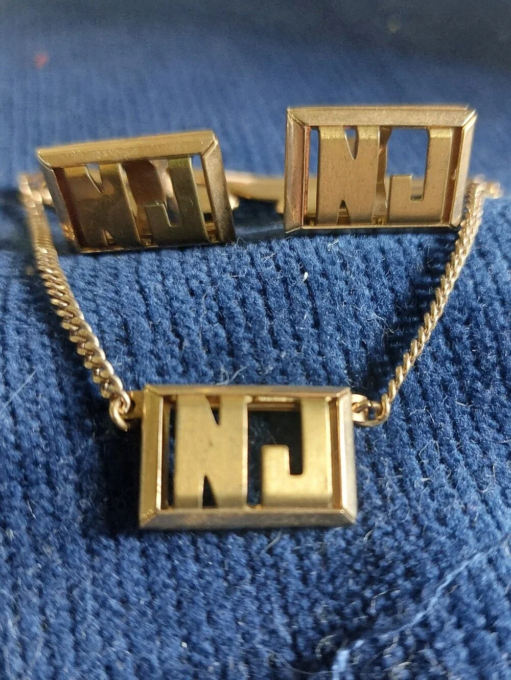 VTG Swank Monogram Cufflinks Tie Bar Set Gold Tone Initials NJ. Estate Jewelry